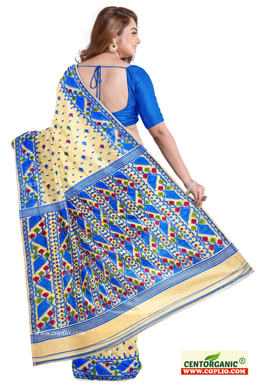 Dhakai Soft Jamdani Bengal saree for women ivory and blue colour combination, All Over Weaving Korat Design