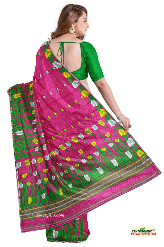 Dhakai Soft Jamdani Bengal saree for women pink colour, All Over Tulip weaving Design