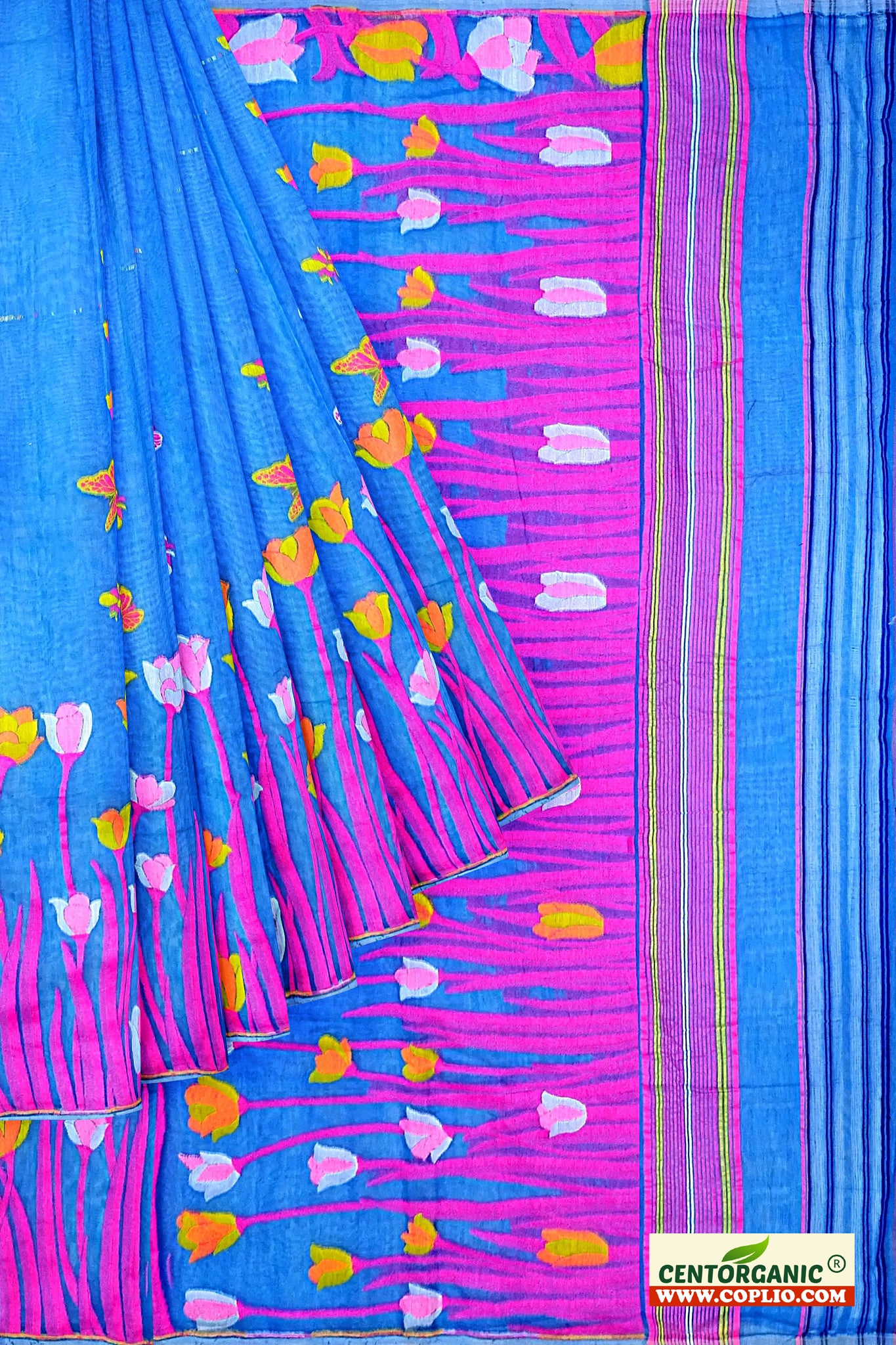 Dhakai Soft Jamdani Bengal saree for women sky blue colour, All Over Tulip weaving Design