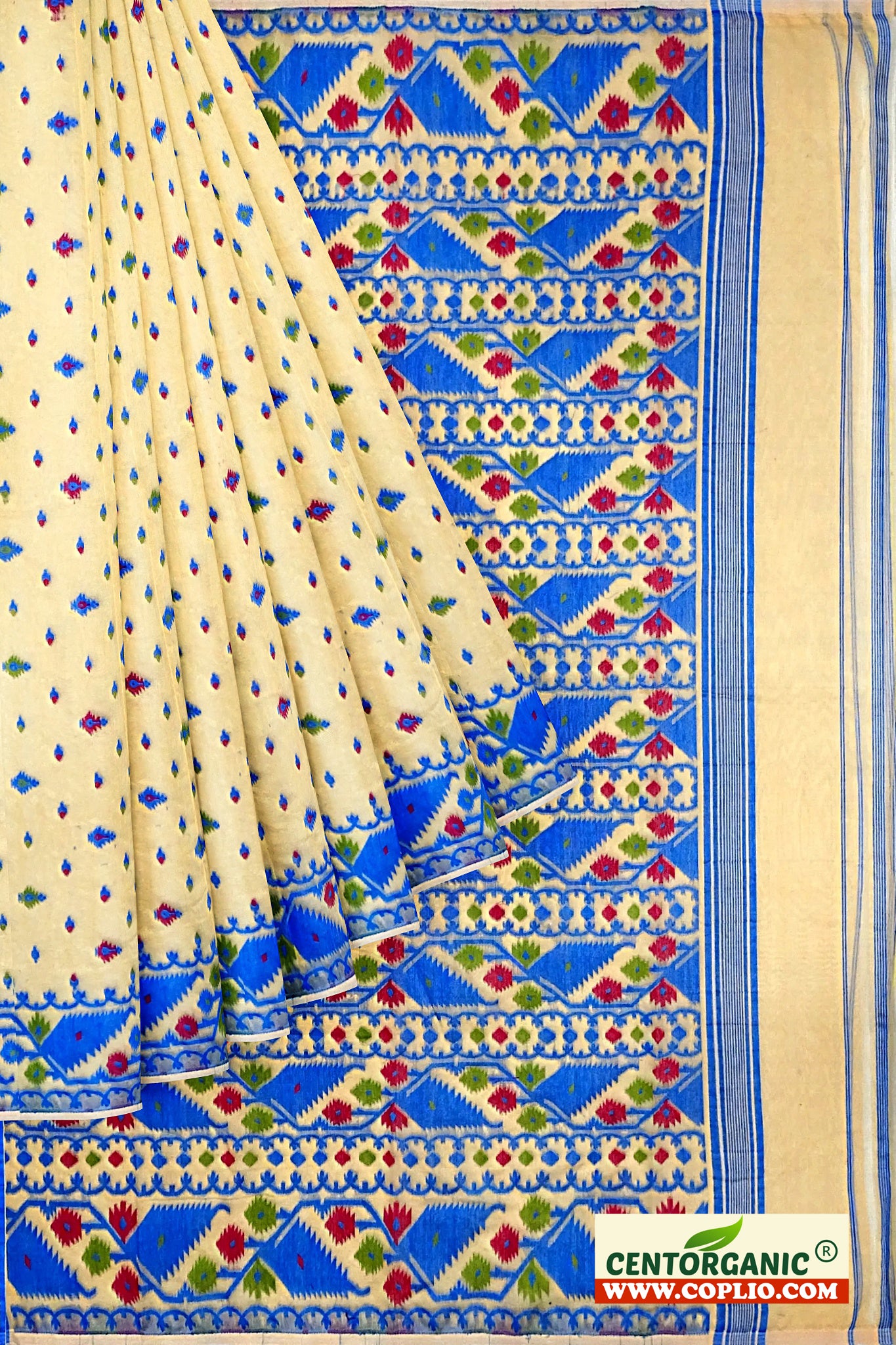 Dhakai Soft Jamdani Bengal saree for women ivory and blue colour combination, All Over Weaving Korat Design