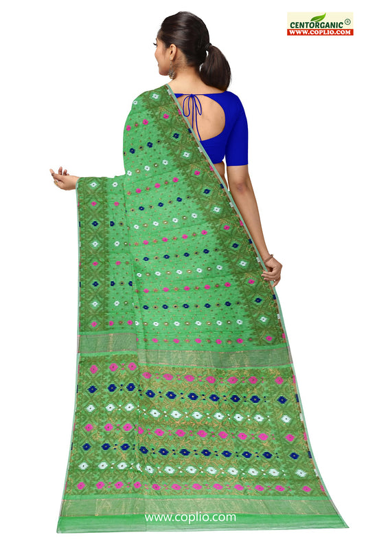 Dhakai Soft Jamdani Bengal saree for women Green Colour with Copper Zari, All Over Weaving Design