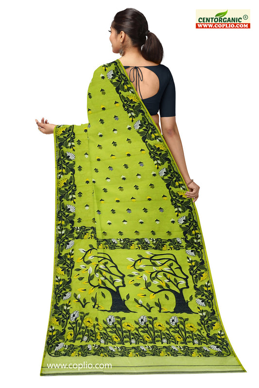 Dhakai Soft Jamdani Bengal saree for women Green Colour, All Over Weaving Botgach Design