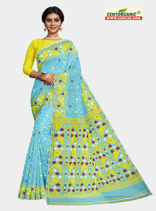 Dhakai Soft Jamdani Bengal saree for women Sky blue and Yellow Combination, All over Traditional Korat Design