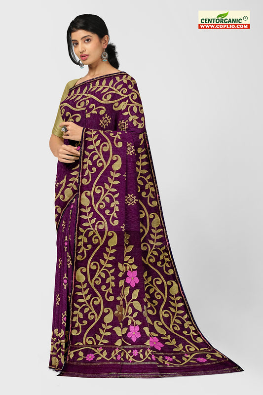 Dhakai Soft Jamdani Bengal saree for women Violet Colour, All over Floral Design