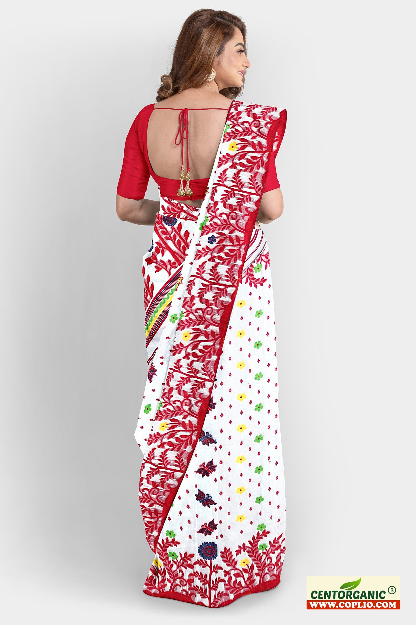 Dhakai Soft Jamdani Bengal saree for women White and Red Combination, All over Floral Design