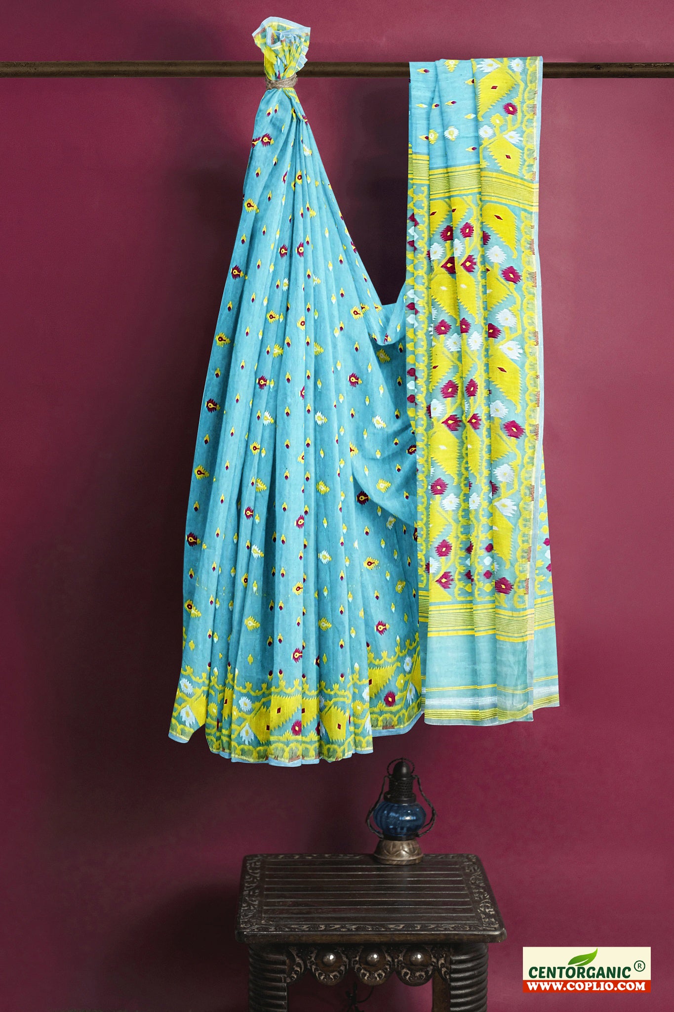 Dhakai Soft Jamdani Bengal saree for women Sky blue and Yellow Combination, All over Traditional Korat Design