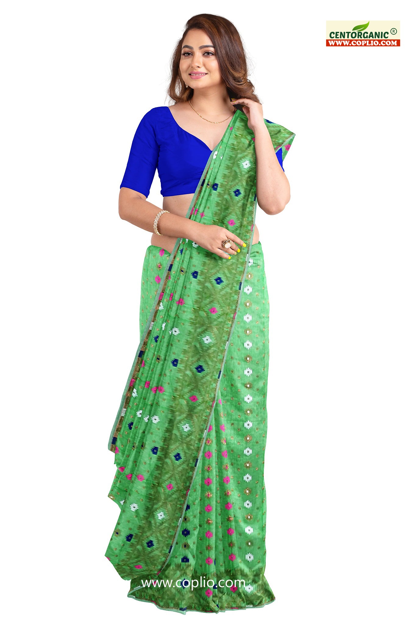 Dhakai Soft Jamdani Bengal saree for women Green Colour with Copper Zari, All Over Weaving Design
