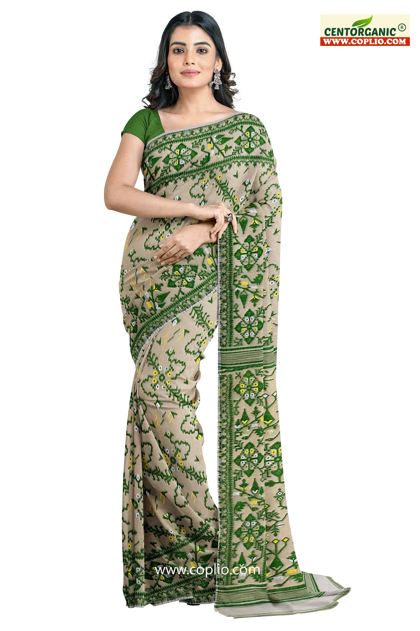 Dhakai Soft Jamdani Bengal saree for women Ivory and Green Combination, All over Floral Design