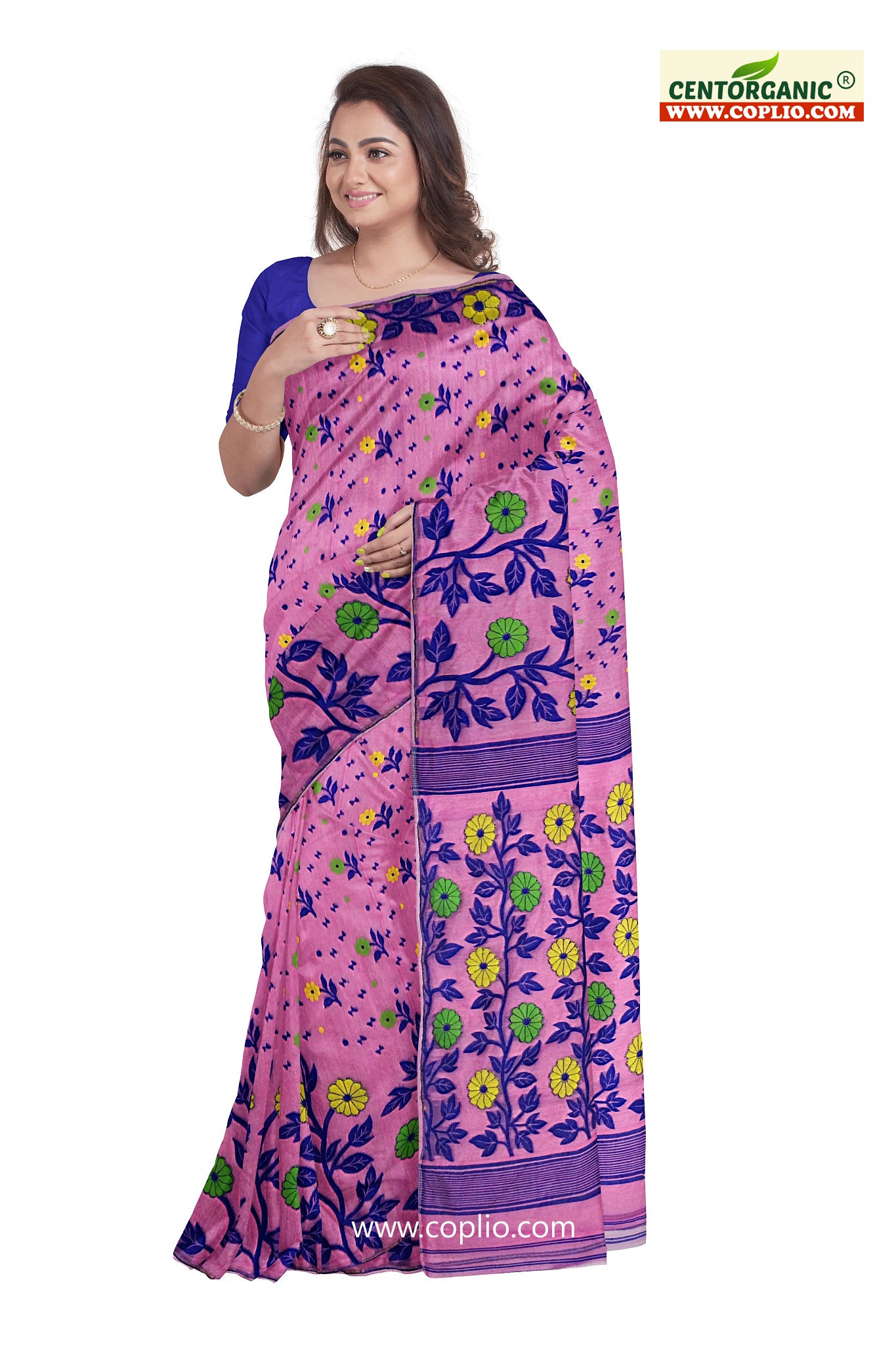 Dhakai Soft Jamdani Bengal saree for women Pink and Blue Combination, All Over Weaving Floral Design.