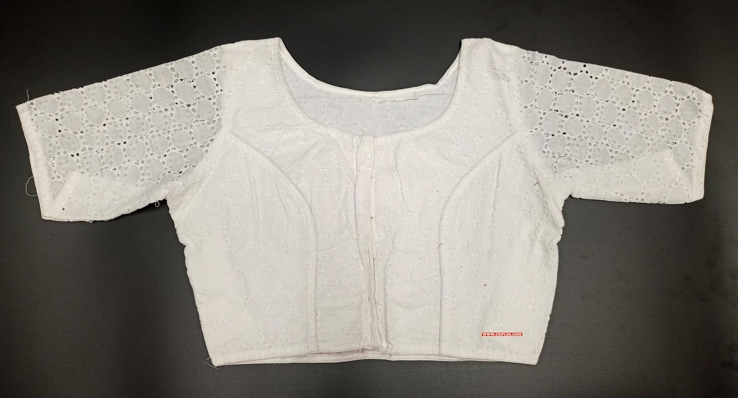 XYZ Earth Fashion Women's Trending Pure Cotton Chikankari Hakoba readymade Blouse With Maa Durga Zari work Round Neck (White Colour) (Free Size)