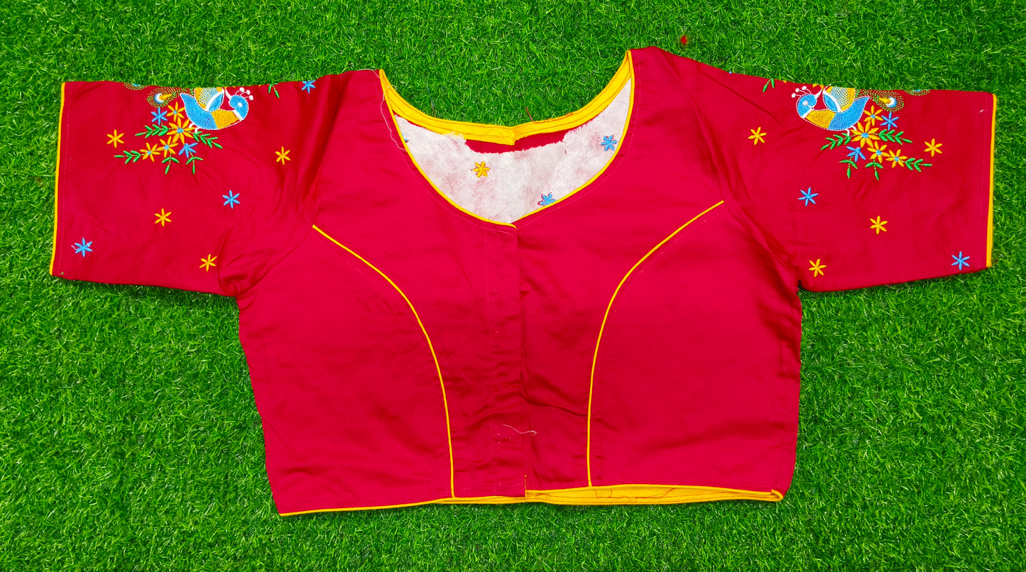 XYZ Earth Fashion Embroidery stitched silk blouse, Peacock design, Dark Pink Colour