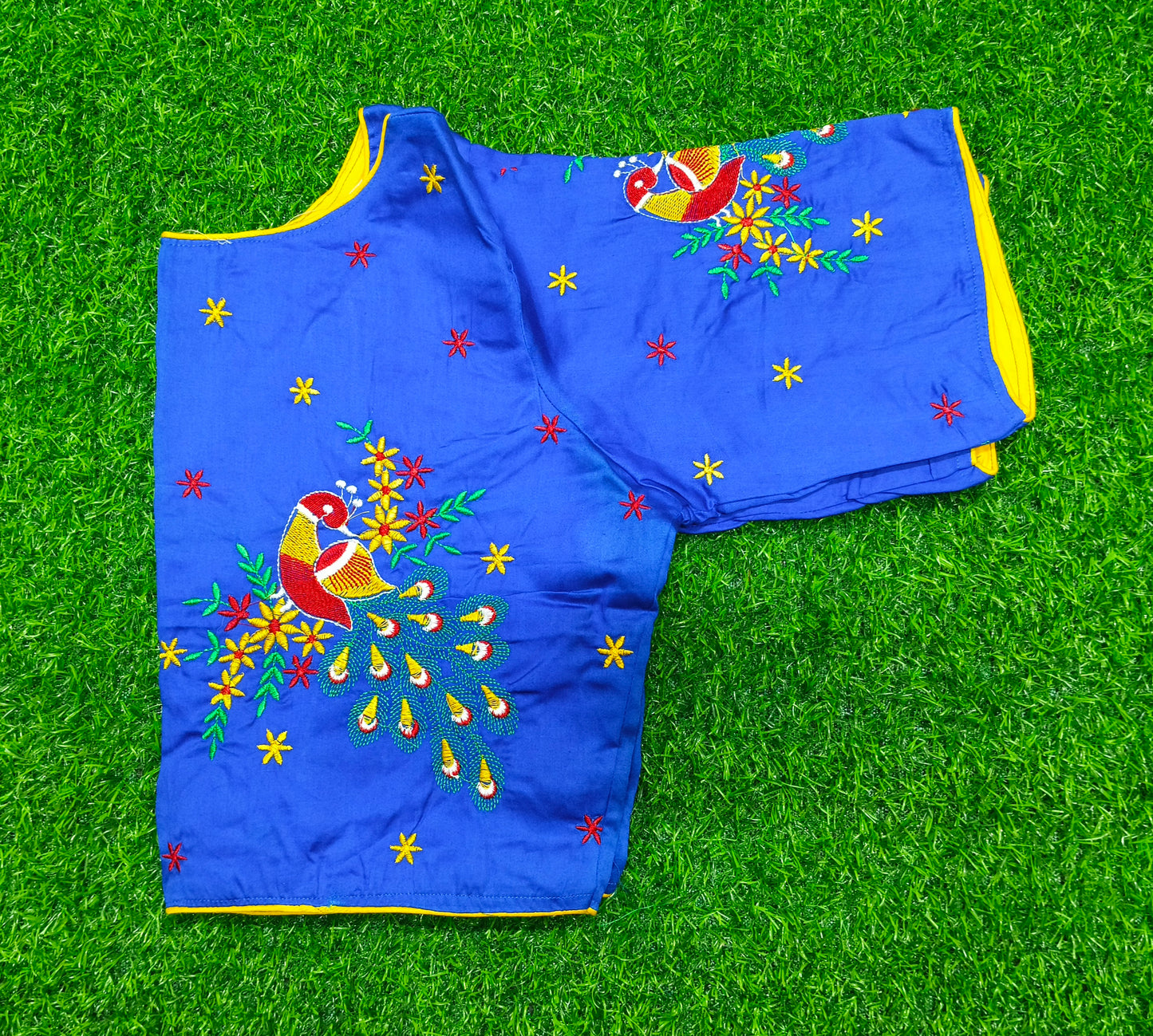XYZ Earth Fashion Embroidery stitched silk blouse, Peacock design, Royal Blue Colour