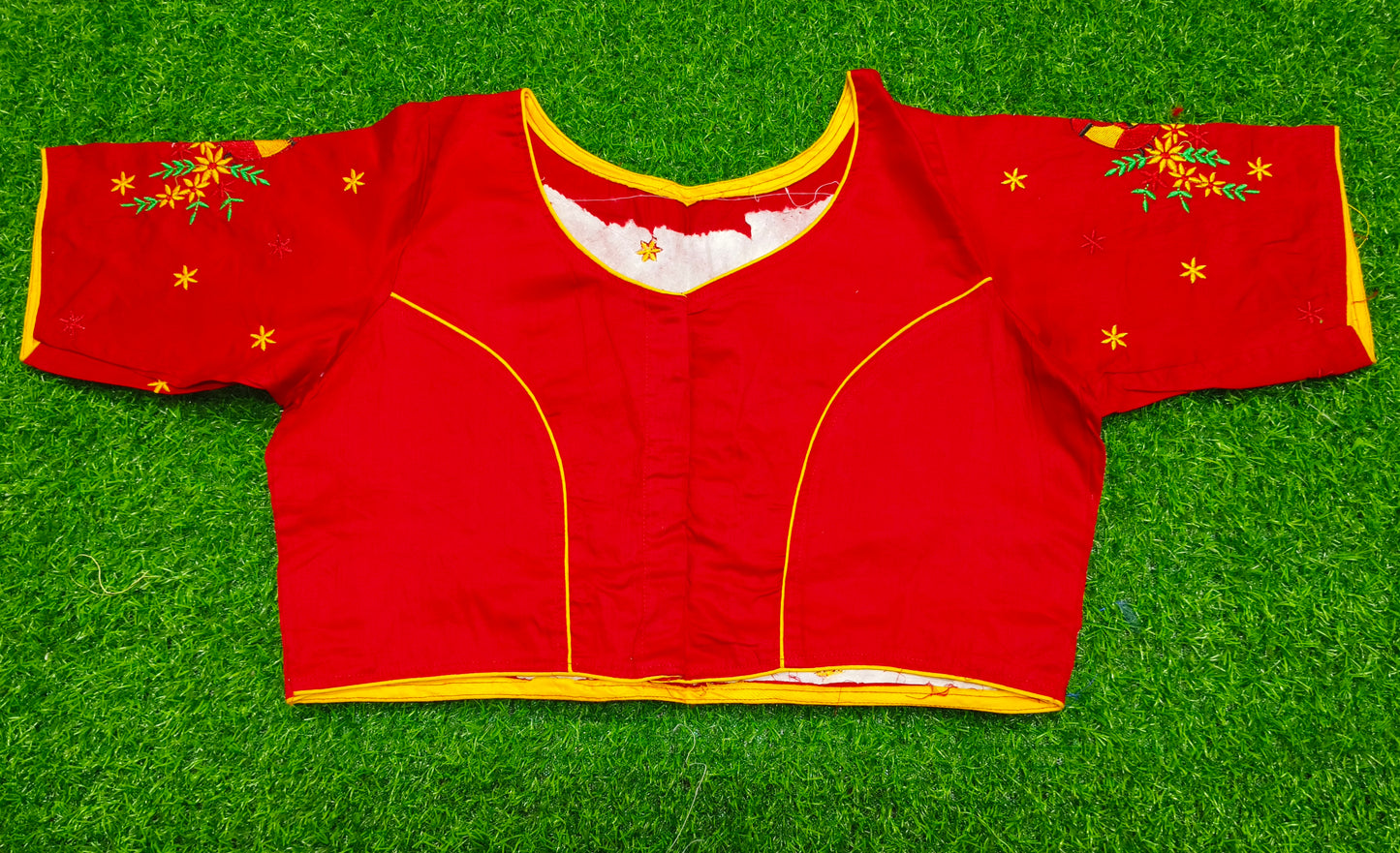 XYZ Earth Fashion Embroidery stitched silk blouse, Peacock design, Red Colour