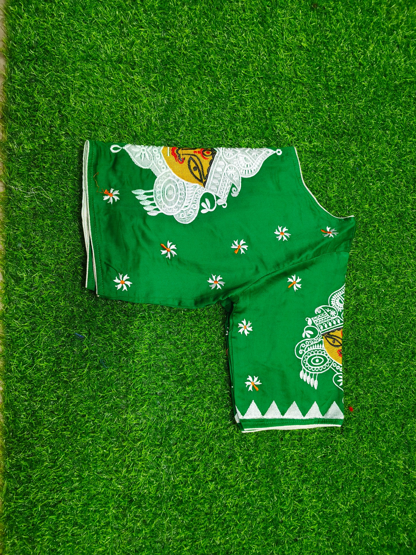 XYZ Earth Fashion Embroidery stitched silk blouse, Durga Face with shiuli phool design, Green Colour