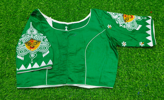 XYZ Earth Fashion Embroidery stitched silk blouse, Durga Face with shiuli phool design, Green Colour