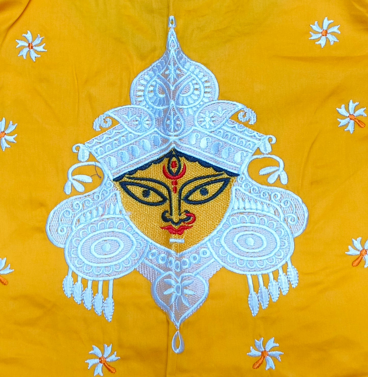 XYZ Earth Fashion Embroidery stitched silk blouse, Durga Face with shiuli phool design, Yellow Colour.
