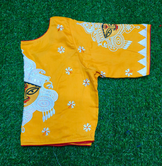 XYZ Earth Fashion Embroidery stitched silk blouse, Durga Face with shiuli phool design, Yellow Colour.