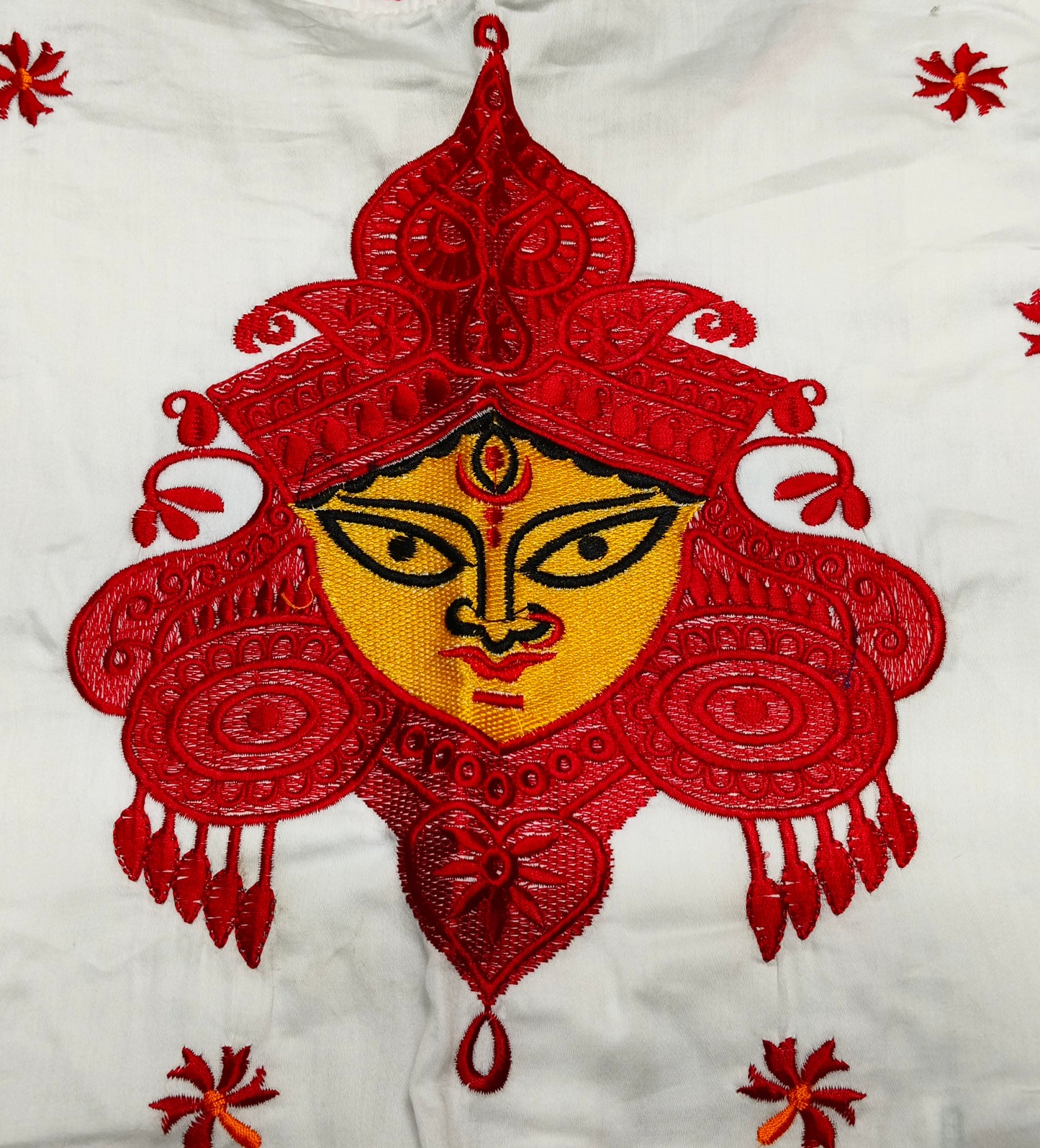 XYZ Earth Fashion Embroidery stitched silk blouse, Durga Face with shiuli phool design, White colour.