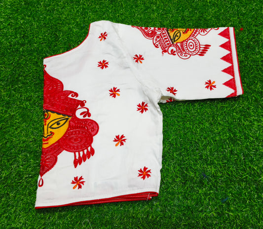 XYZ Earth Fashion Embroidery stitched silk blouse, Durga Face with shiuli phool design, White colour.