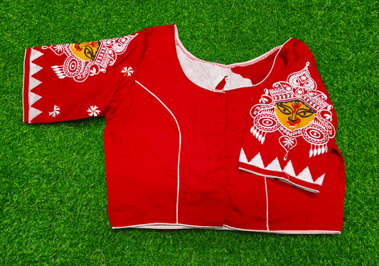 XYZ Earth Fashion Embroidery stitched silk blouse, Durga Face with shiuli phool design, Red Colour.