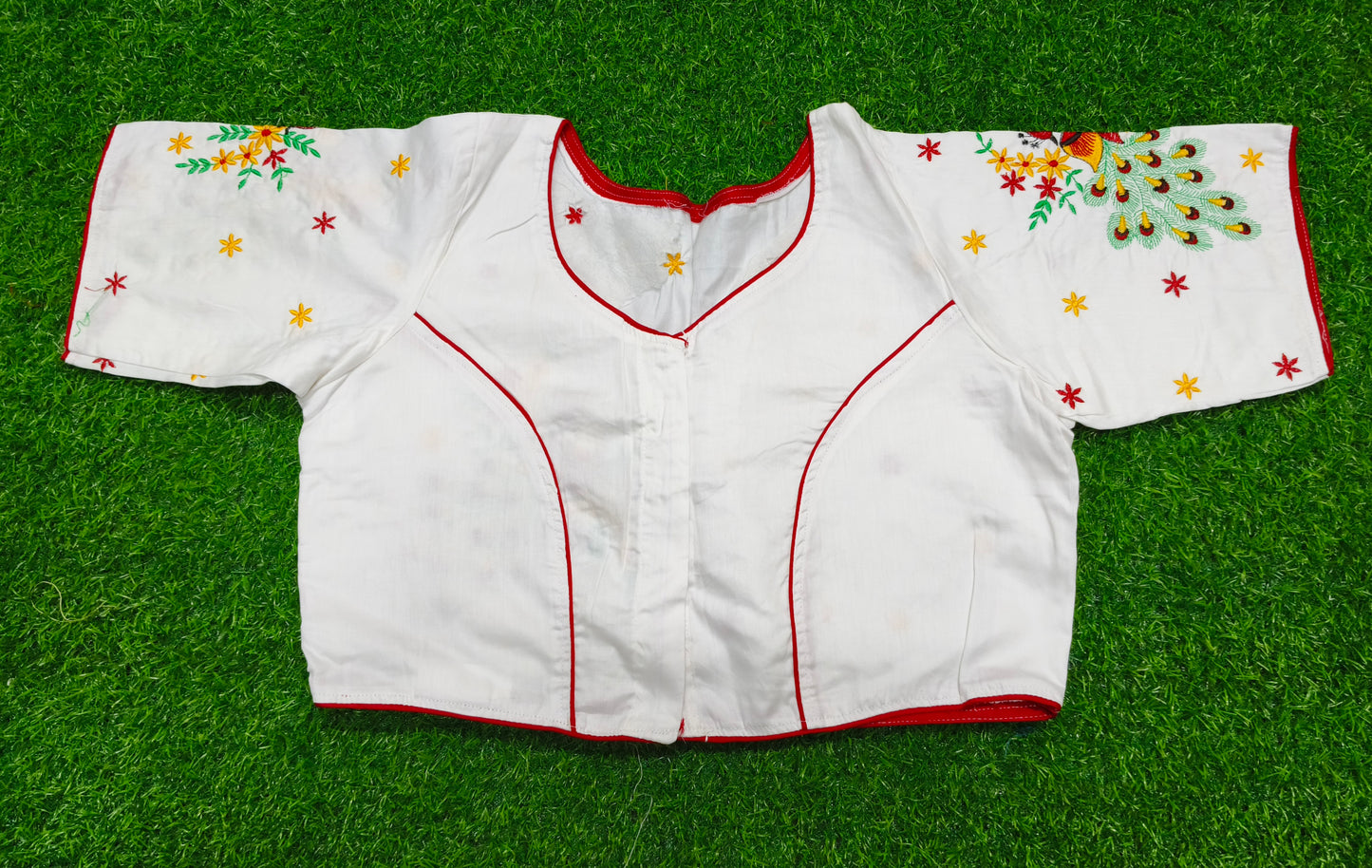 XYZ Earth Fashion Embroidery stitched silk blouse, Peacock design, White Colour