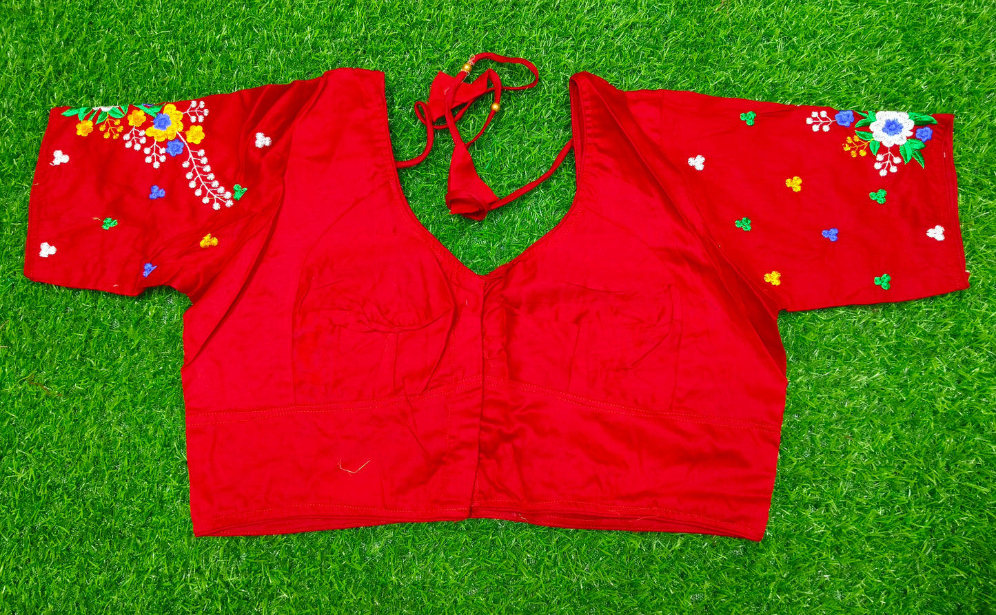 XYZ Earth Fashion Embroidery stitched silk blouse, Flower Chain Design, Red Colour