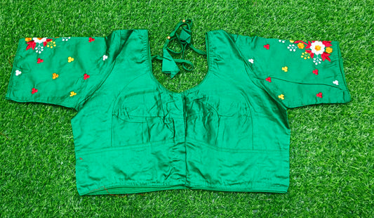 XYZ Earth Fashion Embroidery stitched silk blouse, Flower Chain Design, Green Colour