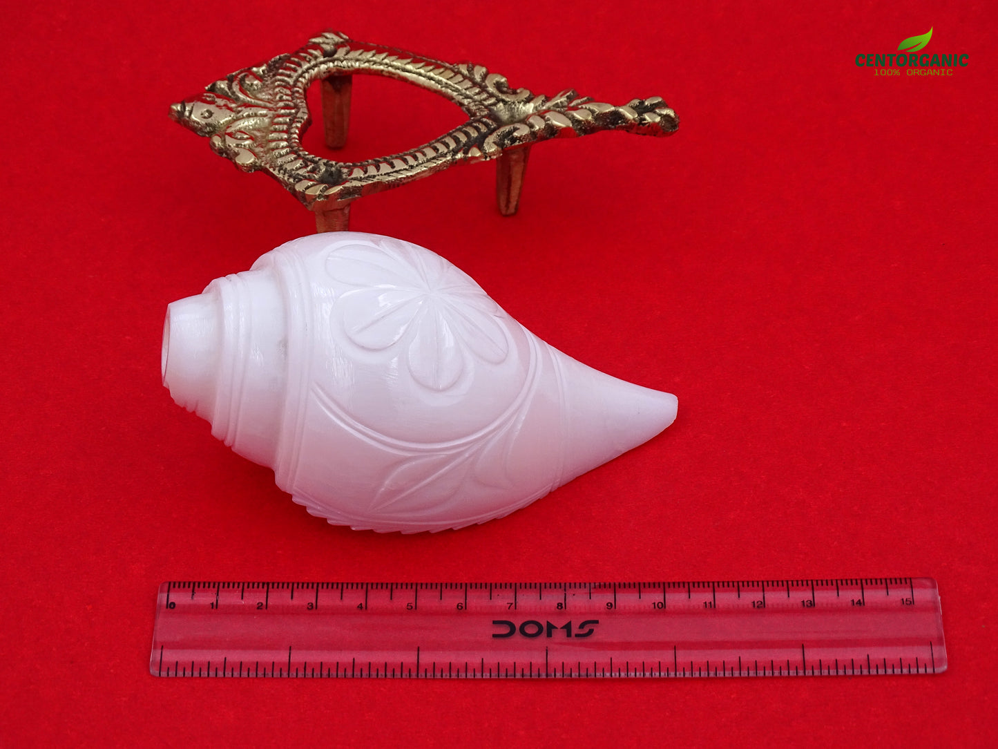 Centorganic Blowing Shankh for Pooja Original Conch Shell with free Brass Shankh Stand (4 Inch, Small)
