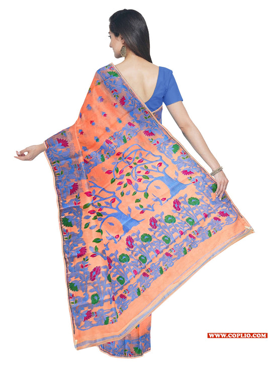 Dhakai Soft Jamdani Bengal saree for women Peach Colour, All Over Weaving Botgach Design