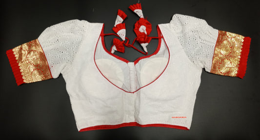 XYZ Earth Fashion Women's Pure Cotton Chikankari Hakoba readymade Padded Blouse With banarasi Kuchi Puff Sleeve work Round Neck (White Colour) (Free Size)