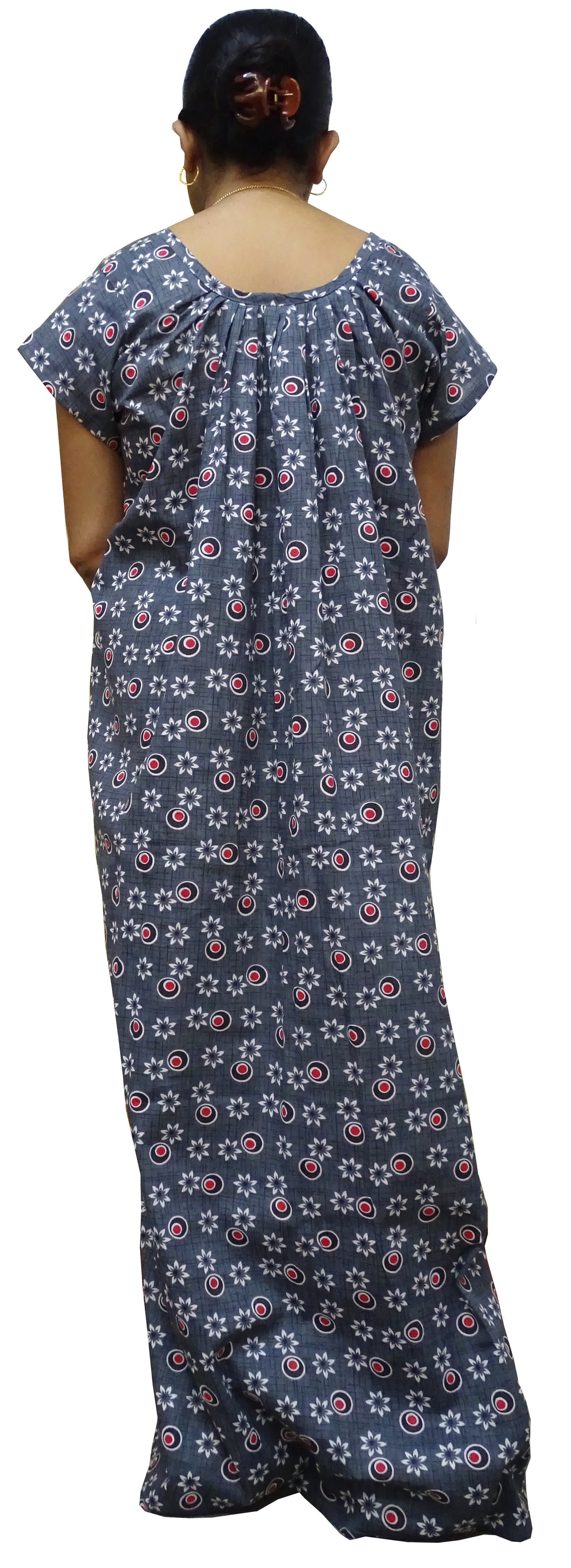 Nighty for Women Cotton Printed, Free Size, Grey with Red dot (Pack of 1)