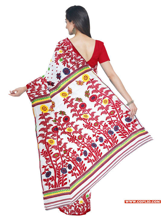 Dhakai Soft Jamdani Bengal saree for women White and Red Combination, All over Floral Design