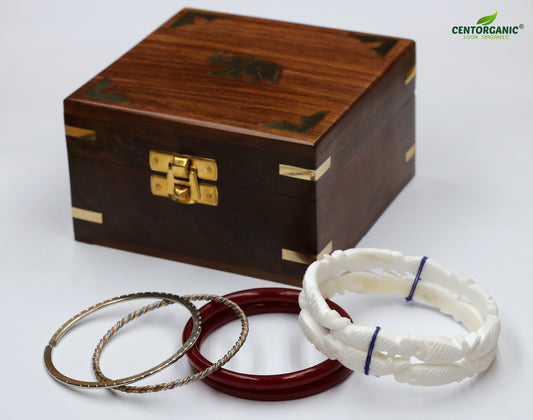Centorganic Cutting Design sankha pola bangles for women, 1 pair of sankha, 1 pair of red pola, 2 iron noa, with free wooden jewellery box. (Design code: CSBM03)