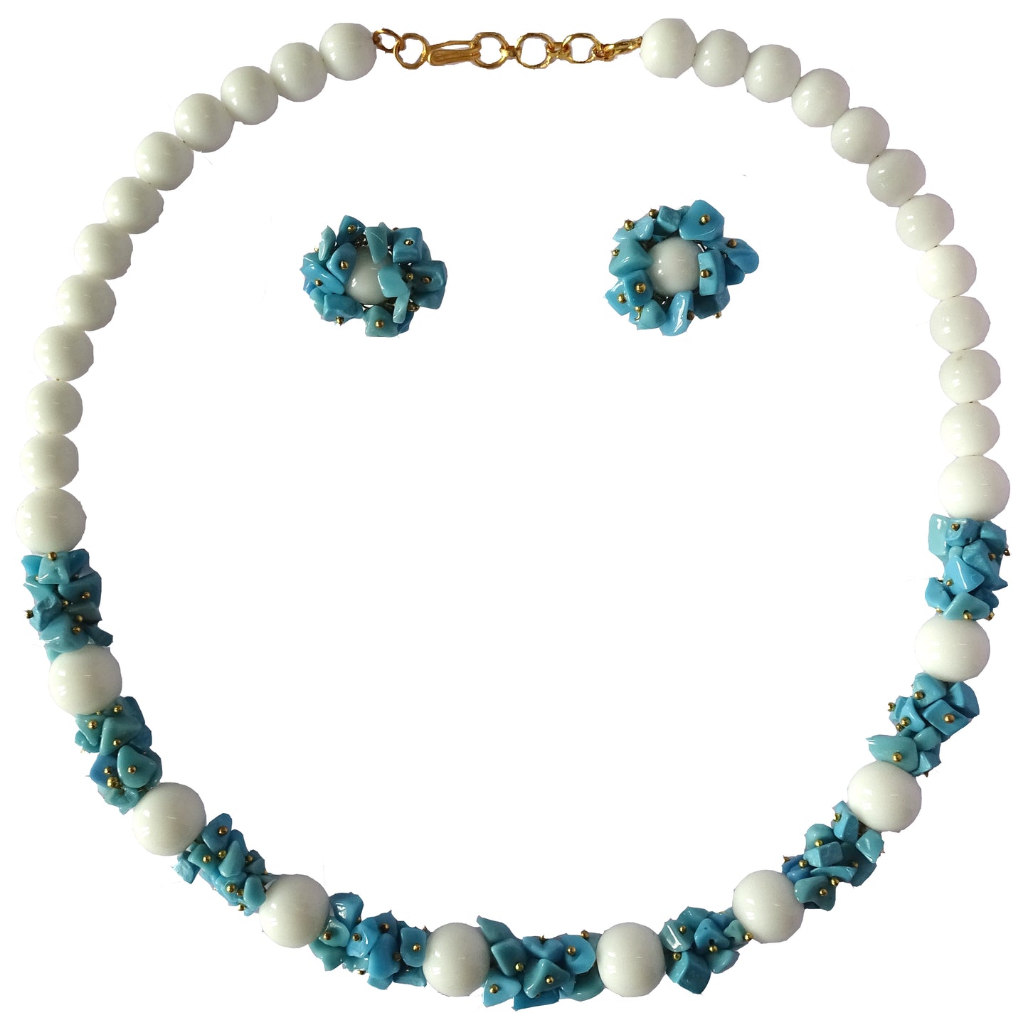 Centorganic - Semi Precious Gemstone Crystal Beads Necklace with Earring ,Turquoise Firoza Stone chip and white Jade 16" Mala for Girl and Women Fashion Jewellery, with beautiful jewellery box for gifting.