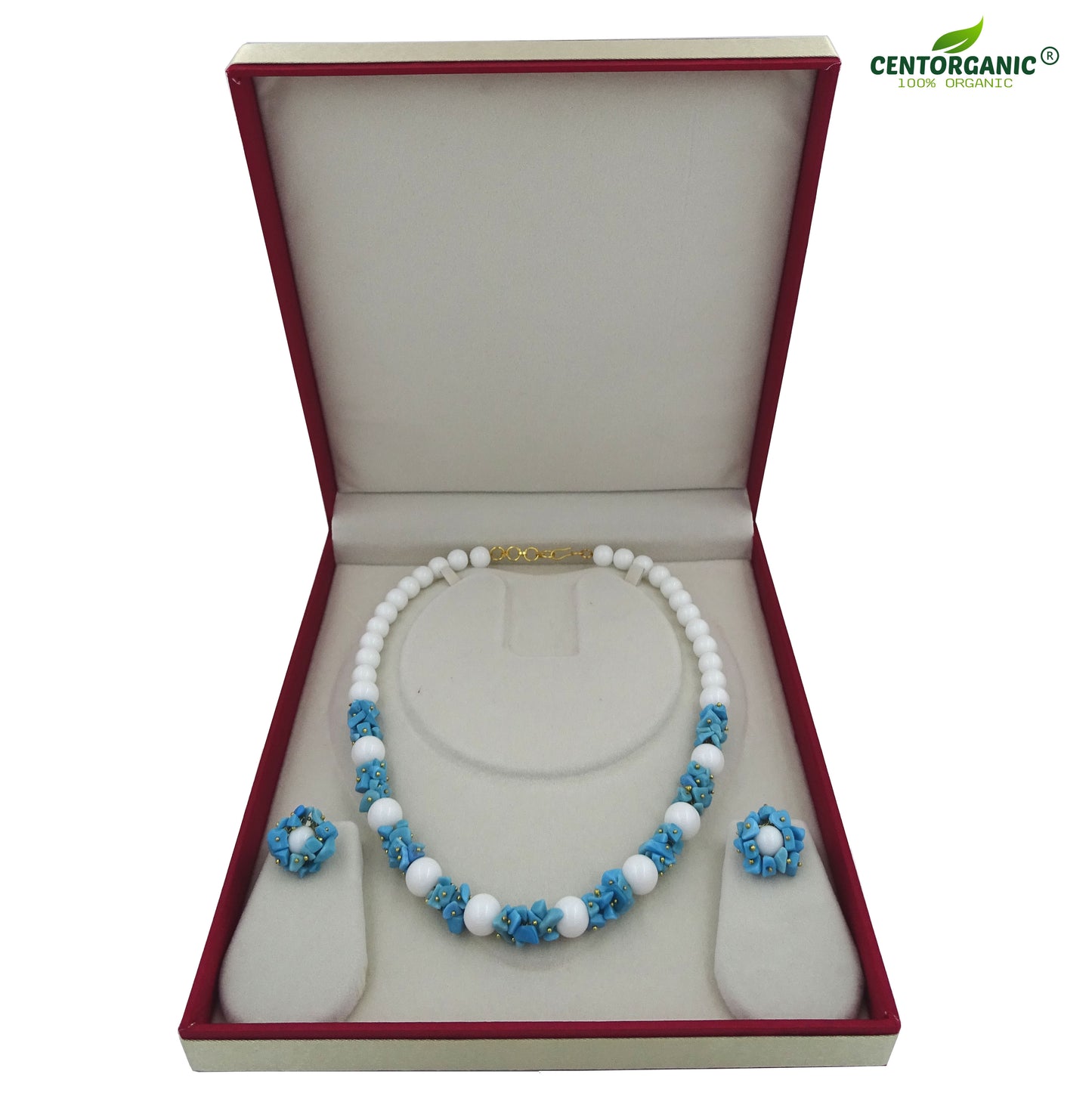 Centorganic - Semi Precious Gemstone Crystal Beads Necklace with Earring ,Turquoise Firoza Stone chip and white Jade 16" Mala for Girl and Women Fashion Jewellery, with beautiful jewellery box for gifting.