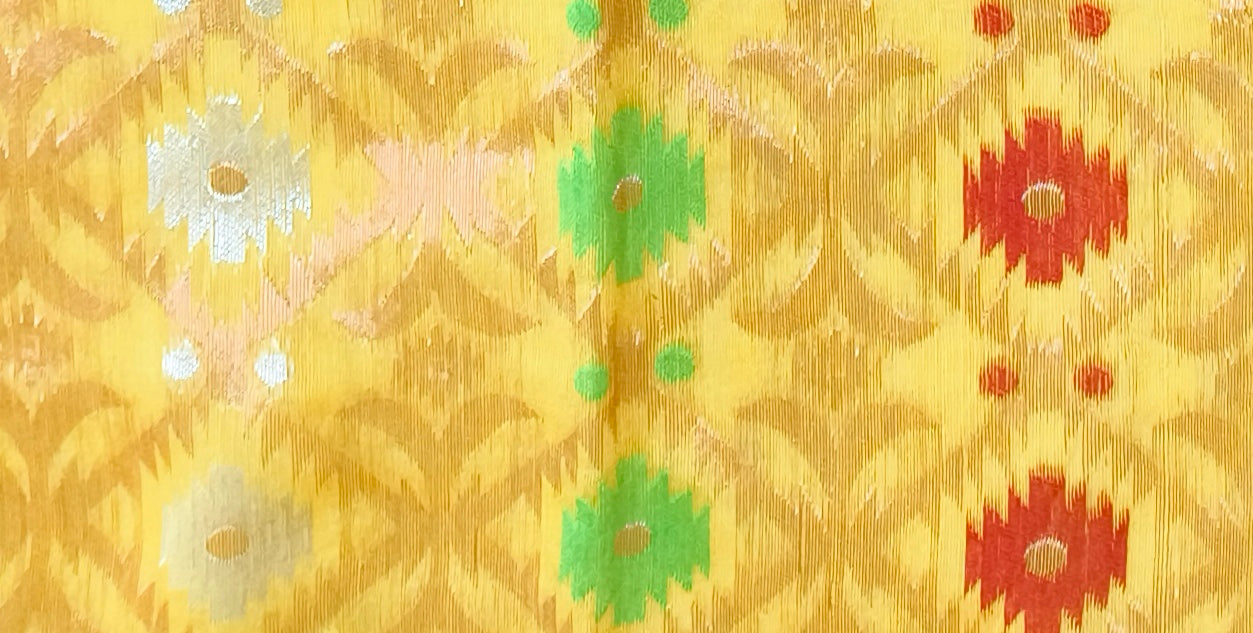 Dhakai Soft Jamdani Bengal saree for women Yellow Colour, All Over Weaving Copper Zari Design Jamdani