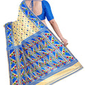 Dhakai Soft Jamdani Bengal saree for women ivory and blue colour combination, All Over Weaving Korat Design