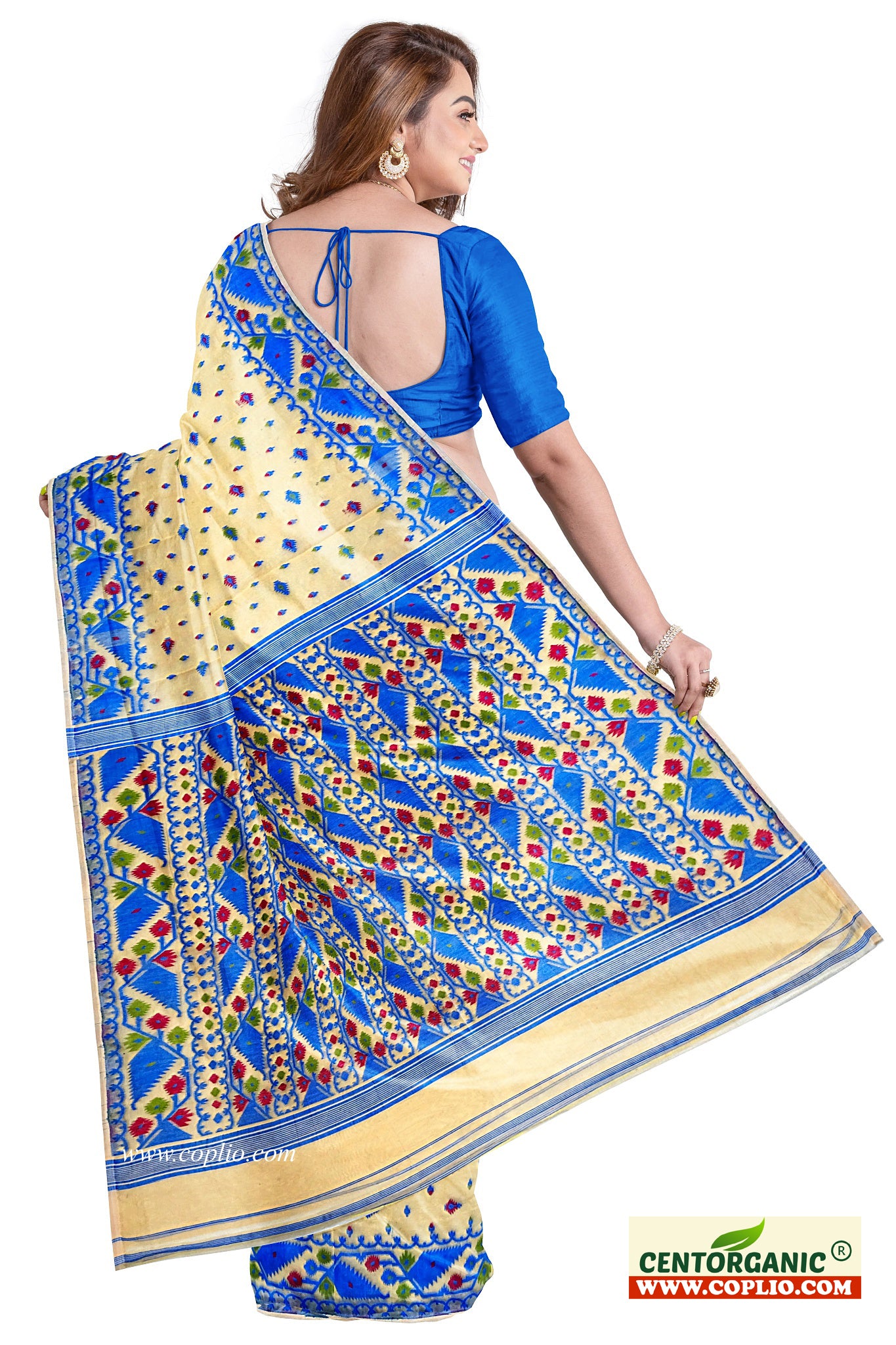 Dhakai Soft Jamdani Bengal saree for women ivory and blue colour combination, All Over Weaving Korat Design