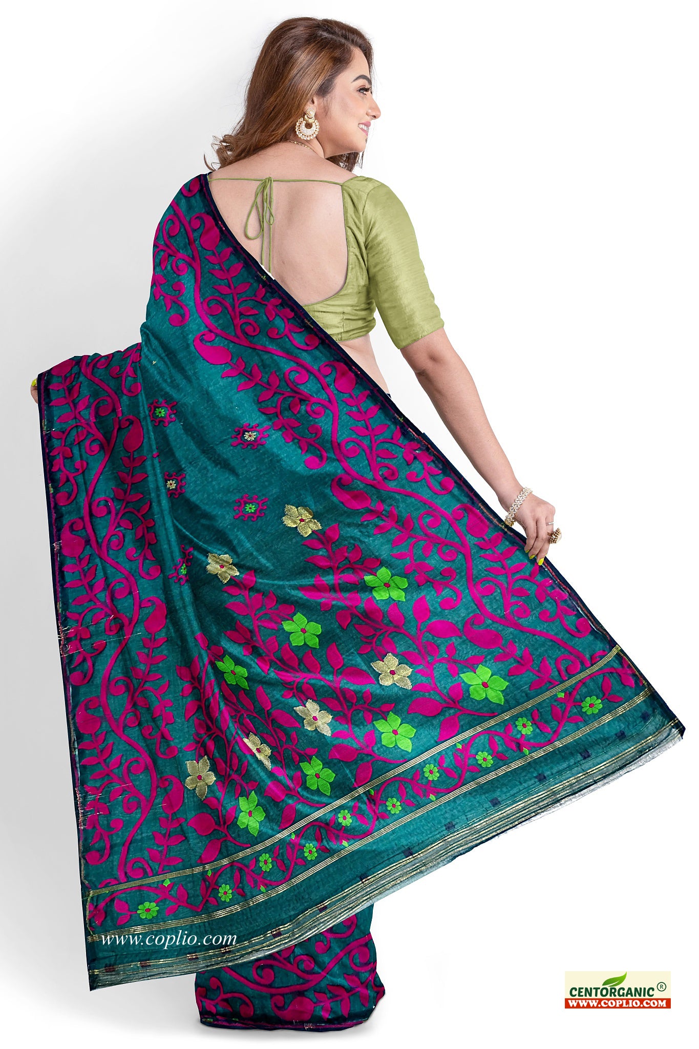 Dhakai Soft Jamdani Bengal saree for women Dark Green and Pink colour combination, All Over Weaving Design Lota Pata Phool