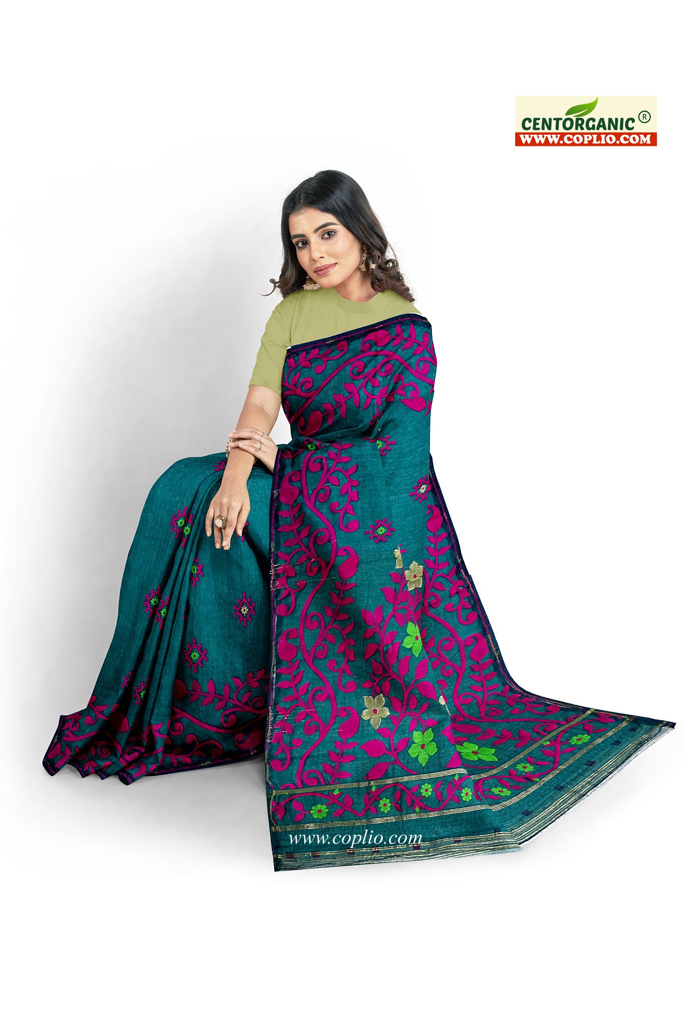 Dhakai Soft Jamdani Bengal saree for women Dark Green and Pink colour combination, All Over Weaving Design Lota Pata Phool