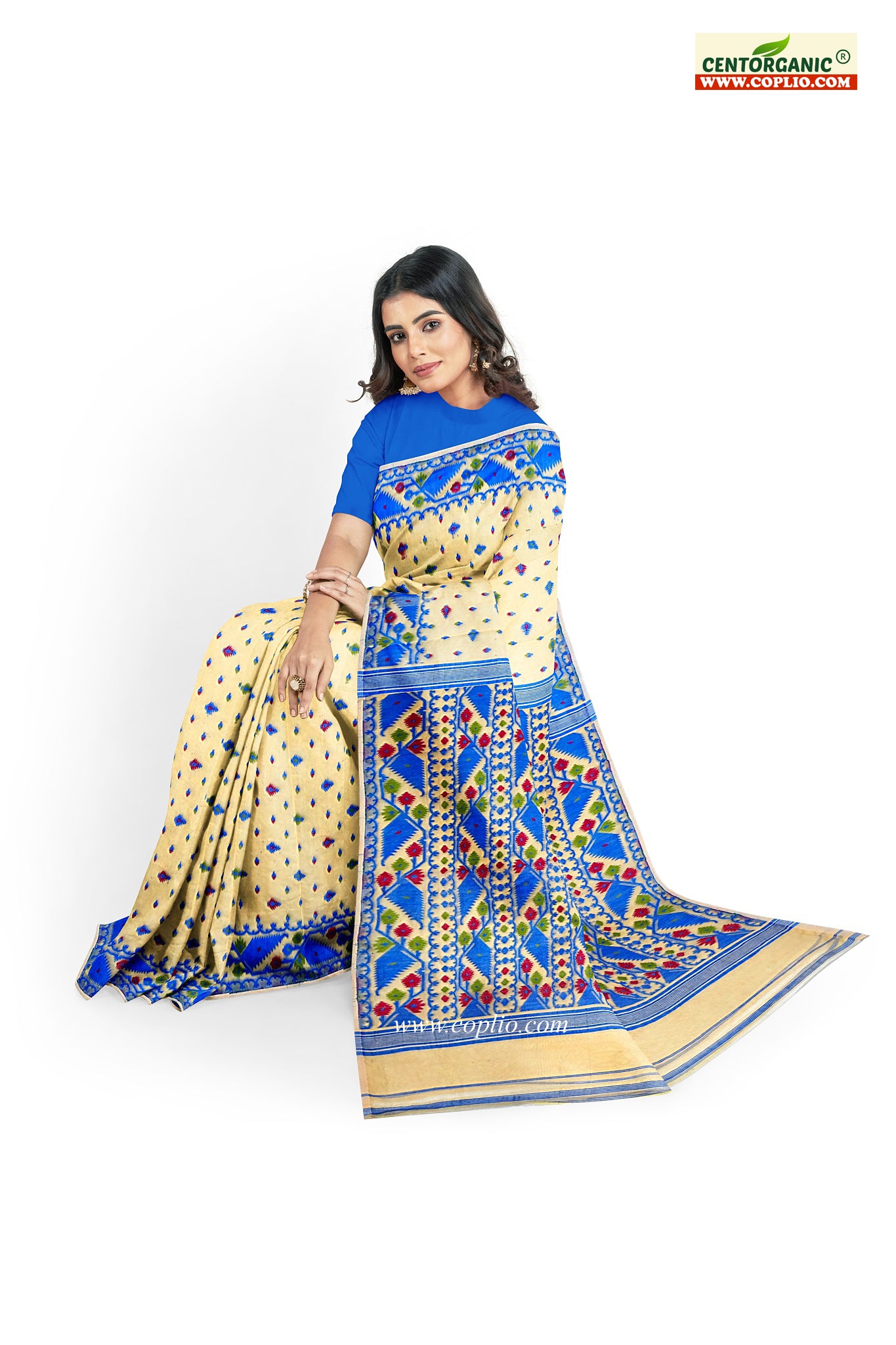 Dhakai Soft Jamdani Bengal saree for women ivory and blue colour combination, All Over Weaving Korat Design