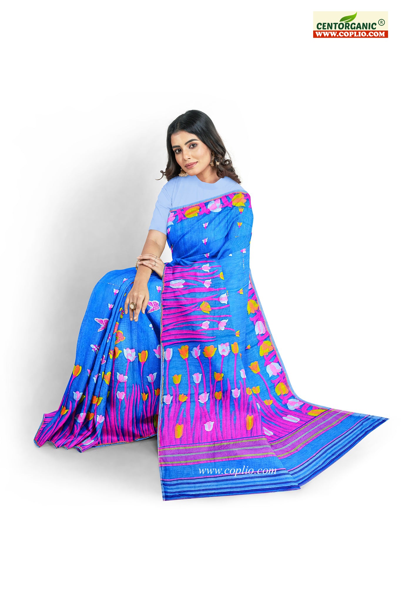 Dhakai Soft Jamdani Bengal saree for women sky blue colour, All Over Tulip weaving Design