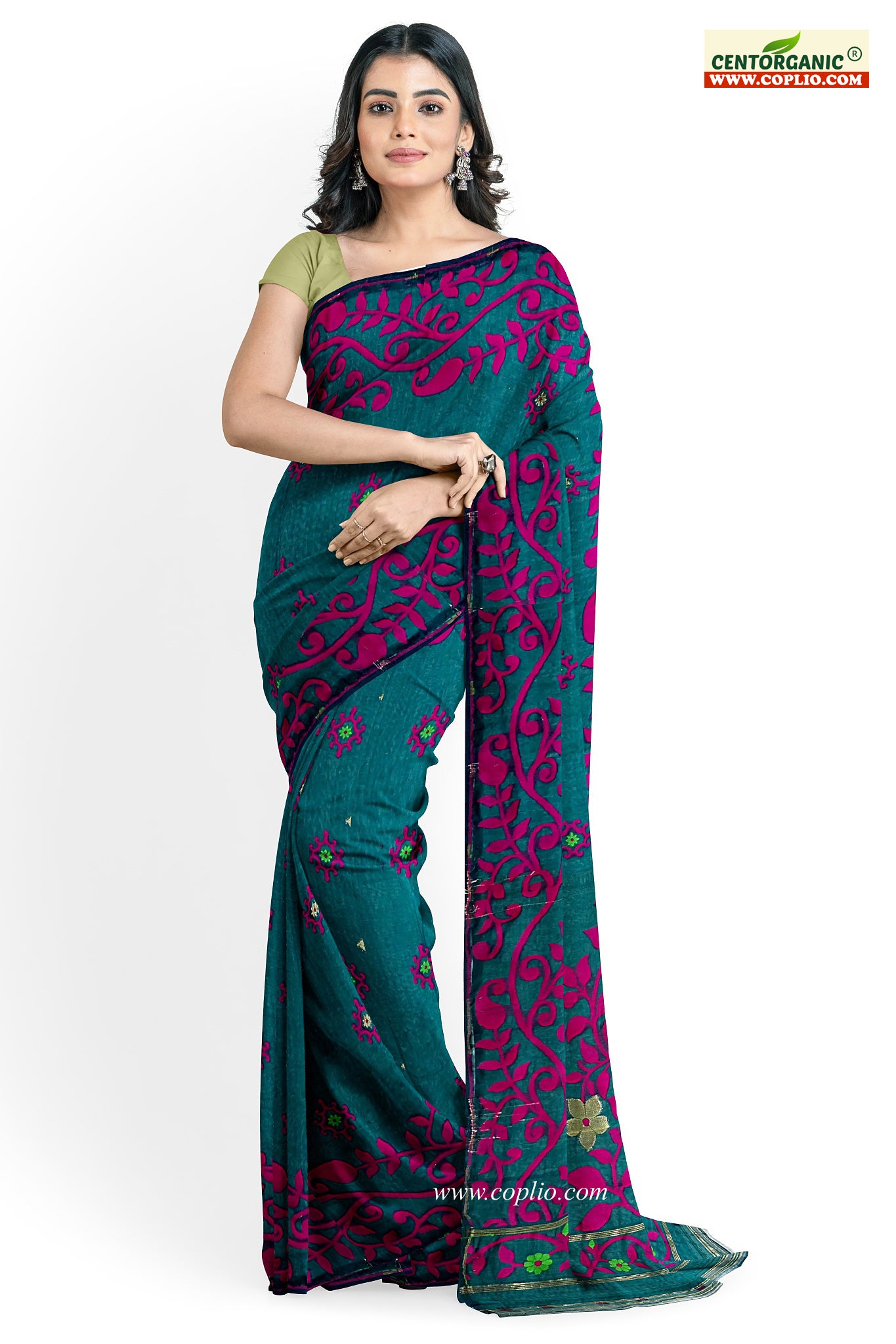 Dhakai Soft Jamdani Bengal saree for women Dark Green and Pink colour combination, All Over Weaving Design Lota Pata Phool
