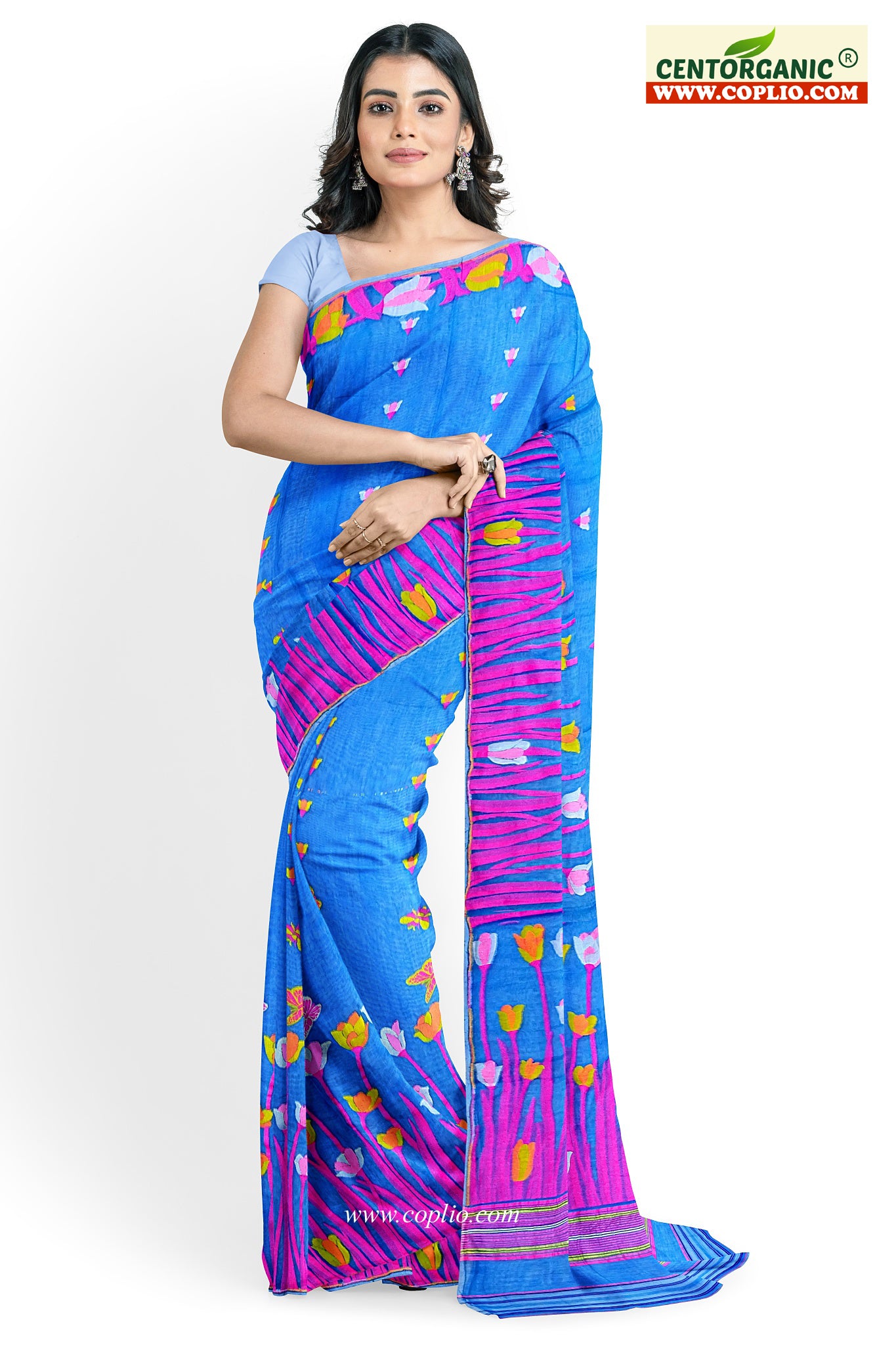 Dhakai Soft Jamdani Bengal saree for women sky blue colour, All Over Tulip weaving Design