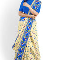 Dhakai Soft Jamdani Bengal saree for women ivory and blue colour combination, All Over Weaving Korat Design