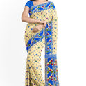 Dhakai Soft Jamdani Bengal saree for women ivory and blue colour combination, All Over Weaving Korat Design