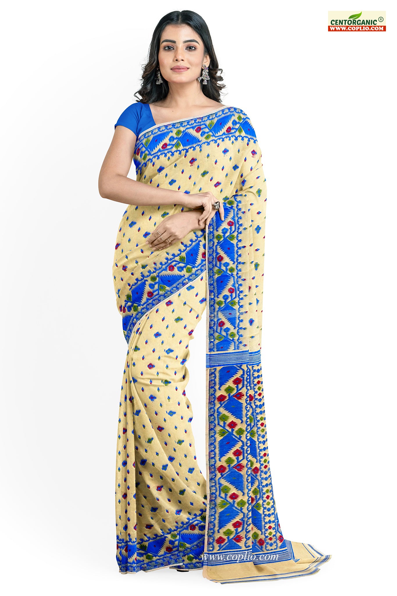 Dhakai Soft Jamdani Bengal saree for women ivory and blue colour combination, All Over Weaving Korat Design