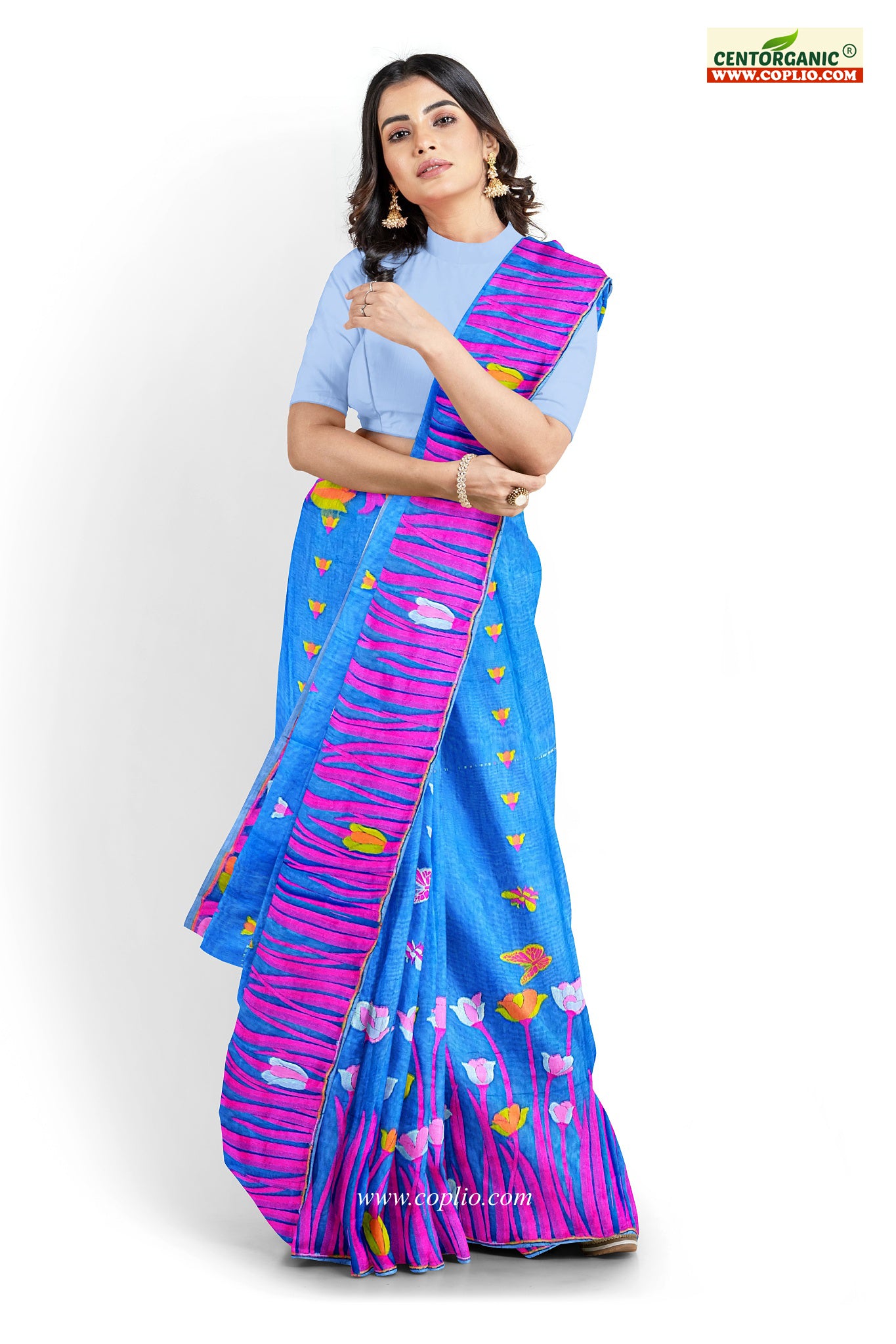 Dhakai Soft Jamdani Bengal saree for women sky blue colour, All Over Tulip weaving Design