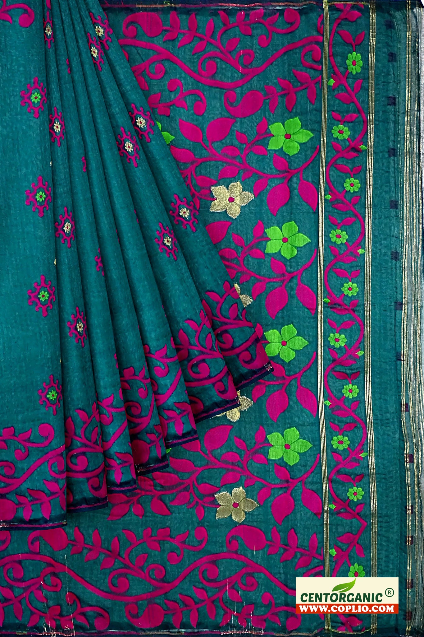 Dhakai Soft Jamdani Bengal saree for women Dark Green and Pink colour combination, All Over Weaving Design Lota Pata Phool