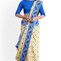 Dhakai Soft Jamdani Bengal saree for women ivory and blue colour combination, All Over Weaving Korat Design